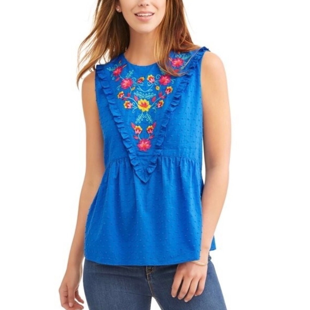 Time and Tru Womens‎ Blue Embroidered Swiss Dot Sleeveless Babydoll Top XL 16-18